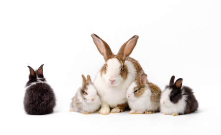 Adorable mother with four baby rabbits isolated on white background. One black and white bunny sitting alone while others sitting together. Pet animal family concept.の写真素材