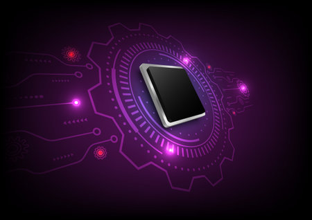 Abstract 3D microchip processor with gear wheel on purple  background. Futuristic technology vector background.のイラスト素材