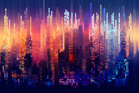 Night city neon pixel background with hight buildings. Modern skyscrapers in city. Generative aiの素材