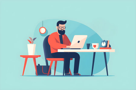 Freelance man working at home with laptop. Character illustration in flat style. Generative aiの素材