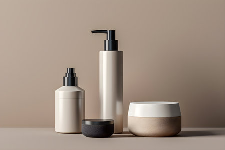 Mockup of cosmetic bottle on beige background. Cosmetic product container and skincare packaging.Generative aiの素材