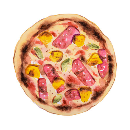 Hawaiian pizza. Watercolor hand drawn illustration isolated on white background.の写真素材