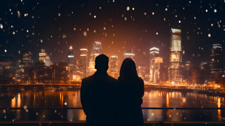 Romantic love in the city lights. Couple admiring night cityscape panoramic view. Generative aiの素材