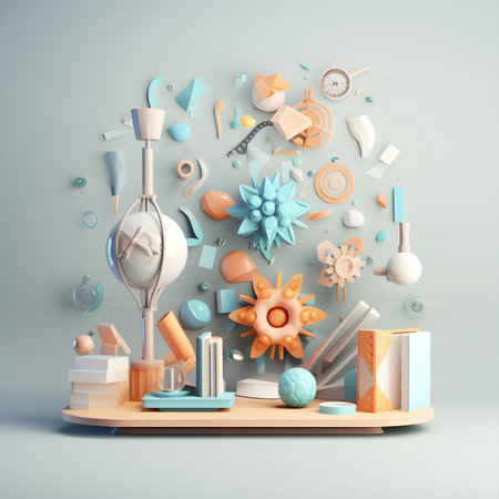 Creative school supplies arrangement on Shelf. 3D Illustration of educational Materials for Back to School. Generative aiの素材