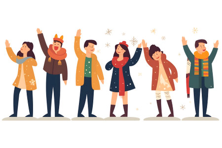 Joyous Christmas and New Year celebration. Happy people in winter clothes. Illustration in flat character cartoon style. Generative aiの素材