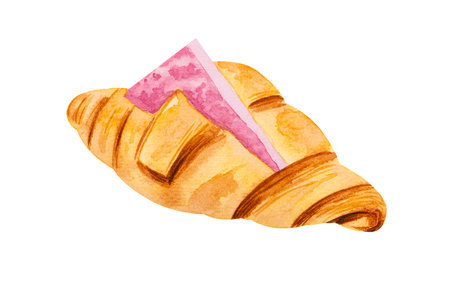 Croissant with ham and cheese. Watercolor hand drawn illustration isolated on white background.の写真素材