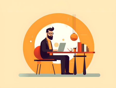 Businessman working on laptop at office. Character illustration in flat style. Generative aiの素材