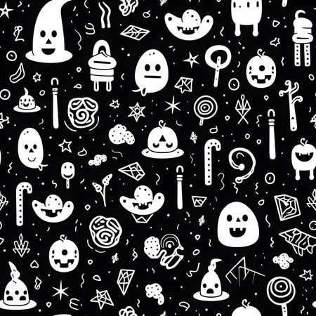 White doodle halloween seamless pattern with cute elements on blackground. Generative aiの素材