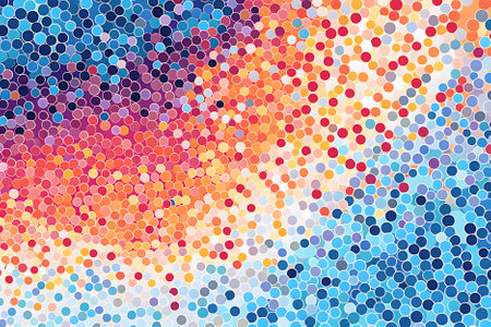 Colorful small polka dots background with circles in red, blue, yellow, purple and white colors. Generative aiの素材