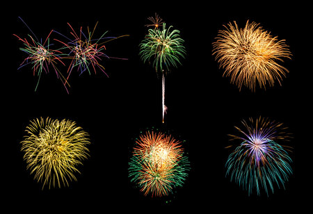 Colorful assorted six fireworks selection on a black background. New Year celebration conceptの写真素材