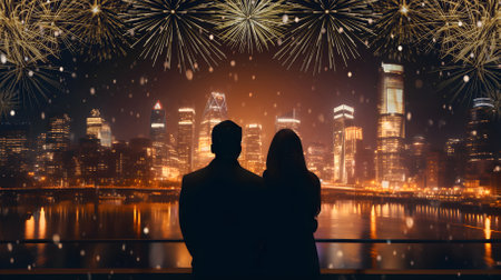 Urban romance under the night sky. Night city celebration of love. Couple gazing at panoramic cityscape with dazzling fireworks. Generative aiの素材