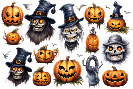 Halloween pumpkins with scary faces and witch's hat elements on white background. Generative aiの素材