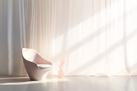 White armchair standing in empty modern room with vase of dried flowers, big window and curtain. Generative aiの素材