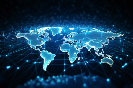 Glowing world map on dark blue background. Globalization network communication technology concept. Generative aiの素材