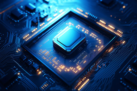 Circuit board CPU processor microchip on a motherboard. Technology background. Generative aiの素材