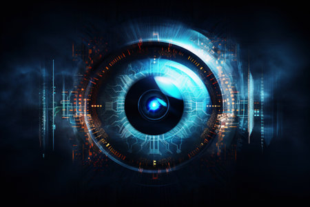 Abstract futuristic digital technology eye in dark green tone. Cyber security or biometric technology concept. Generative aiの素材