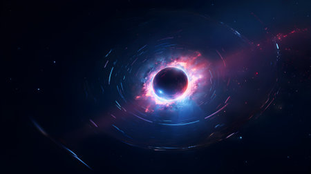 Abstract space wallpaper. Black hole with nebula over colorful stars and cloud fields in outer spaceの素材