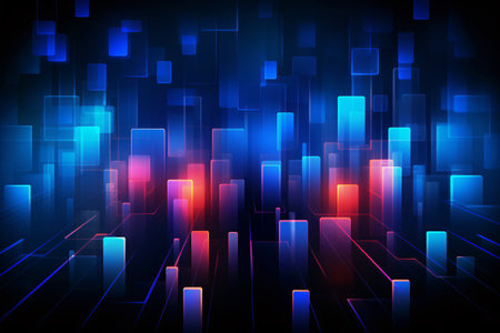 Abstract futuristic geometric background with glowing neon blue and red lights. Generative aiの素材