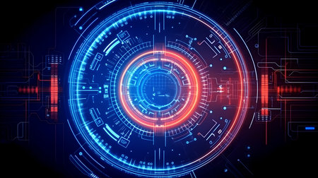 Abstract blue and red technology background with circle pattern and glowing light for Hi-tech communication and futuristic digital innovation concept. Generative aiの素材