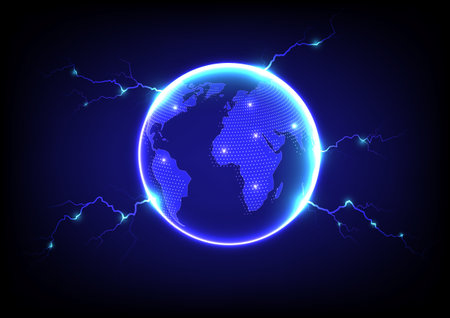 3d vector blue planet earth globe with glowing world map and lightning surround sphere on blue background. Internet network media technology globalization conceptのイラスト素材