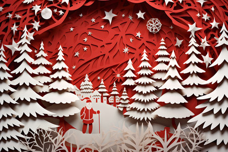 Christmas background with Santa Claus and Christmas trees with snow in paper cut style. Generative aiの素材