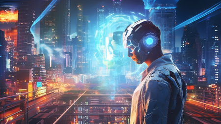 Cyborg man in night cyberpunk city. Futuristic man with huge buildings and neon lighting. Future technology concept with cyborg. Generative aiの素材
