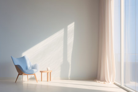 Interior of a white room with blue armchair and small table near light curtains. Generative aiの素材