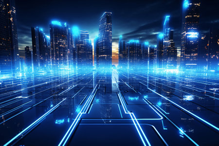 Abstract neon glowing night light futuristic city with high buildings skyscraper on blue light horizon line. Generative aiの素材