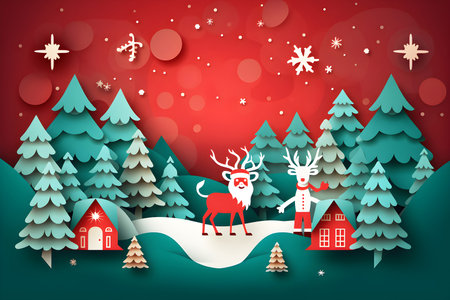 Paper cut christmas card with cute reindeer, christmas trees and house in the forest. Generative aiの素材