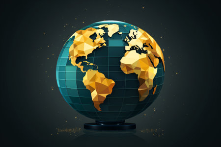 Green earth globe with golden world map in geometric polygonal shape. Network connection international business concept. Generative aiの素材