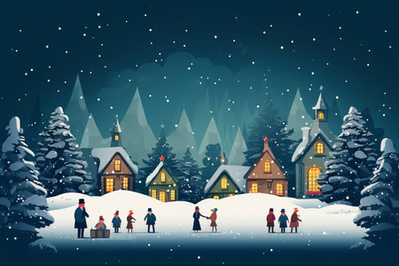 Snowy landscape with small town. Happy Christmas town background. People celebration winter holidays. Generative aiの素材