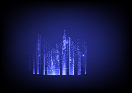 3D illustration architecture glowing building in perspective view. Digital or smart city illustration vector backgroundのイラスト素材