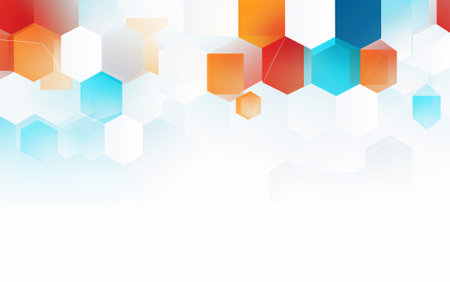 Abstract white blue red and orange hexagons background with copy space. Generative aiの素材