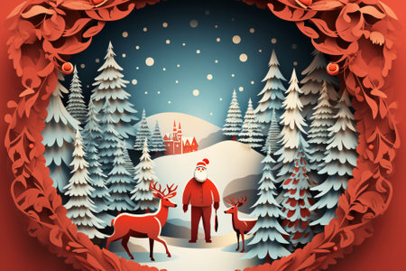 Merry Christmas and Happy New Year. Santa Claus with reindeer in forest with snow in the winter season. Paper art and craft style. Generative aiの素材