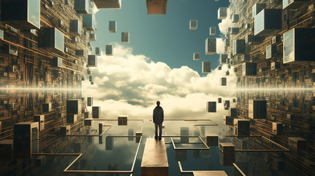 Man standing in the middle of futuristic cityscape. Generative aiの素材