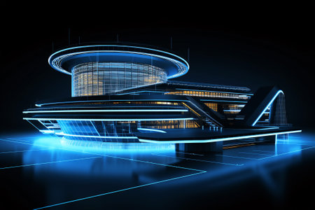 Futuristic buliding with blue lines on black background. Perspective architecture background. Generative aiの素材