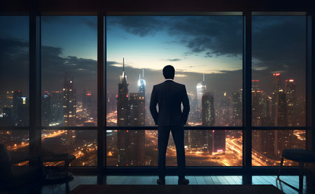 Businessman back view standing in high floor office with night city skyscrapers view. Generative aiの素材