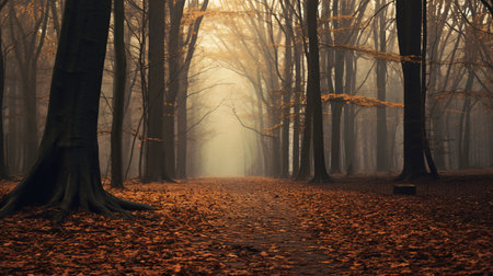 Foggy autumn forest with trees and path. Generative aiの素材