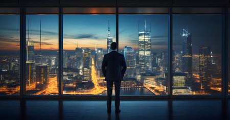 Businessman standing near the panoramic office window against the sunset twilight with city urban skylineの素材