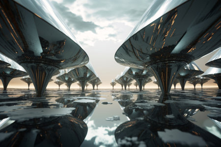 Science fiction city with glass and metallic structures for futuristic or fantasy background. Generative aiの素材