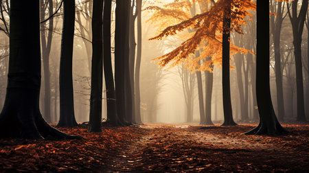 Autumn forest with sunbeams and fog with leaves on the ground  in the morning. Generative aiの素材