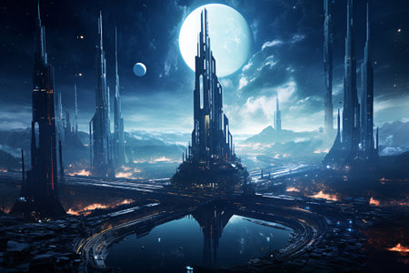 Futuristic sci-fi Alien city at night with full moon. Generative aiの素材