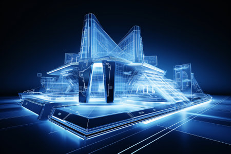 Modern building exterior with glass. Futuristic architecture design in night scene. Generative aiの素材