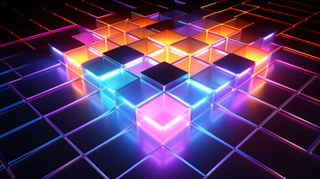 Abstract 3d illustration of colorful cubes with neon light in black background. Generative aiの素材