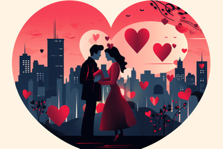 Happy couple in love on the city background with hearts for Valentine's day concept. Generative aiの素材