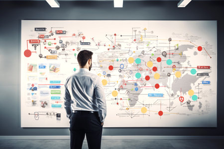 Back view of young businessman standing and looking at wall with business sketchesi nformation on whiteboard in office. Generative aiの素材