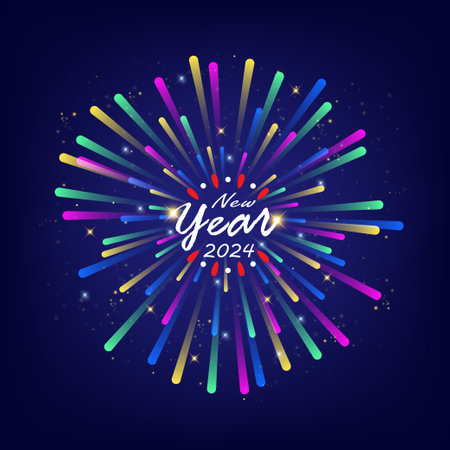 Happy New Year 2024 greeting card with colorful fireworks on dark blue background vector illustrationのイラスト素材