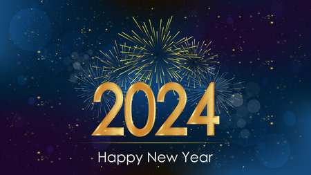 Happy New Year 2024 beautiful sparkling design with golden fireworks and bokeh lights on blue background. Vector illustration for Christmas and New year holiday greeting card.のイラスト素材