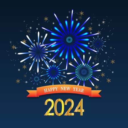 2024 Glossy golden number with fireworks and snowflakes on blue background. Happy New Year and Merry Christmas holiday greeting card vector illustration.のイラスト素材