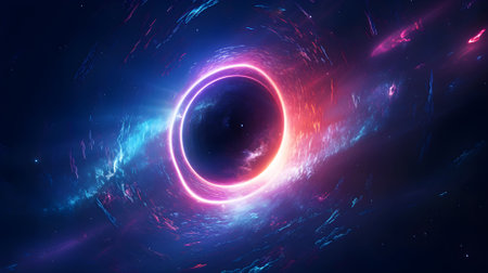 Abstract black hole background. Luminous swirling. Elegant glowing circle. Sparking particle. Space tunnel. Generative aiの素材